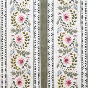 Floral Border Stripe Moss Fabric