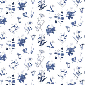 Botanical Blue on White Wallpaper