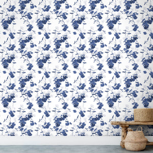 Geranium Blue on White Wallpaper