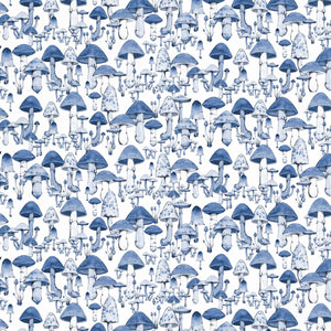 Mushroom Party Blue on White Wallpaper