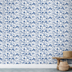 Mushroom Party Blue on White Wallpaper