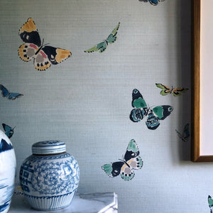 Butterflies Blue Grasscloth Wallpaper